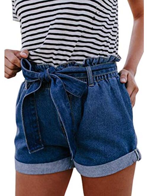 Pofash Women's Denim Paper Bag Waist Jersey Walking Shorts Jeans with Waist Tie Pockets