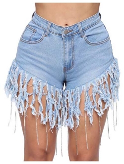 Tengo Women Stretchy Distressed Rhinestone Fringe Crystal Denim Shorts