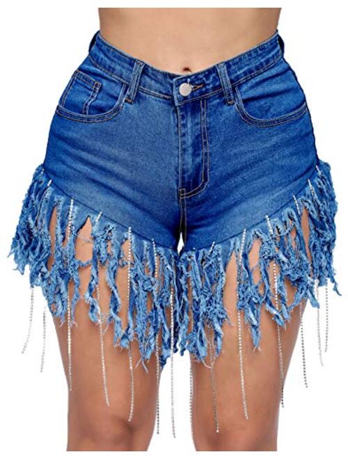 Tengo Women Stretchy Distressed Rhinestone Fringe Crystal Denim Shorts