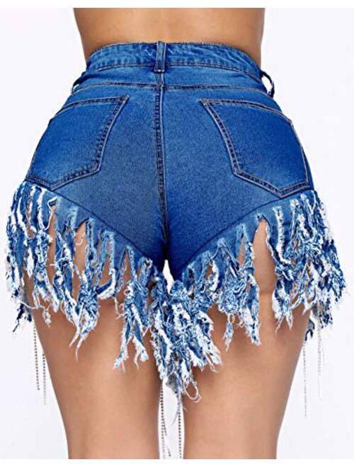 Tengo Women Stretchy Distressed Rhinestone Fringe Crystal Denim Shorts