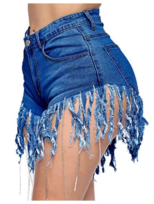 Tengo Women Stretchy Distressed Rhinestone Fringe Crystal Denim Shorts