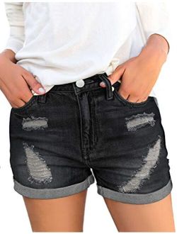 Luyeess Women's Mid Rise Ripped Denim Shorts Stretchy Folded Hem Short Jeans