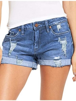 Luyeess Women's Mid Rise Ripped Denim Shorts Stretchy Folded Hem Short Jeans