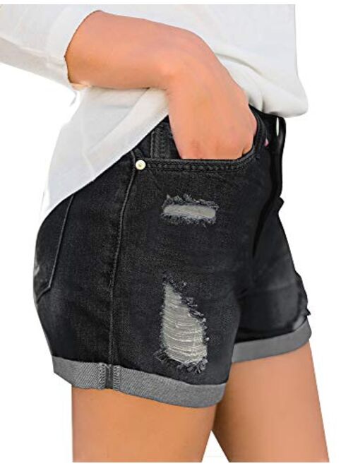 Luyeess Women's Mid Rise Ripped Denim Shorts Stretchy Folded Hem Short Jeans