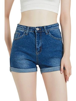 Women's Juniors Stretchy Denim High Waisted Folded Hem Curvy Fit Jeans Shorts