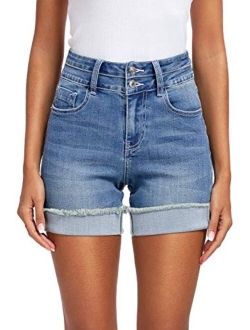 Women's Juniors Stretchy Denim High Waisted Folded Hem Curvy Fit Jeans Shorts