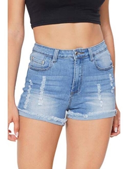 Women's Juniors Stretchy Denim High Waisted Folded Hem Curvy Fit Jeans Shorts