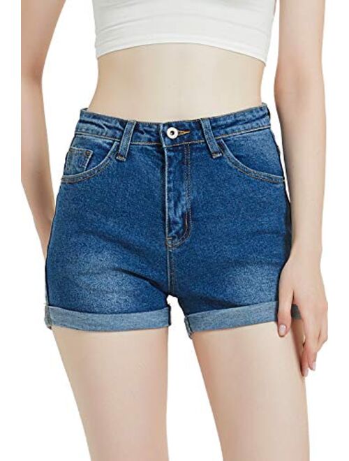 Women's Juniors Stretchy Denim High Waisted Folded Hem Curvy Fit Jeans Shorts