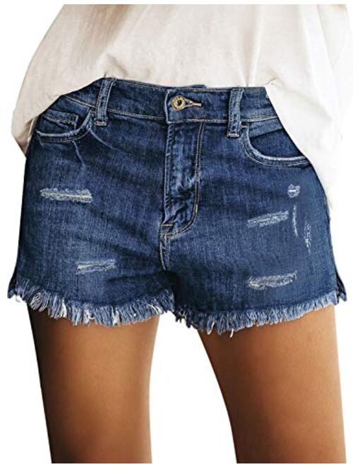 LookbookStore Women's Casual Mid Rise Ripped Denim Shorts Frayed Raw Hem Jeans