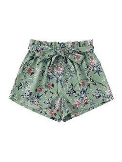 Women's Casual Elastic Waist Self Tie Waist Frill Trim Shorts