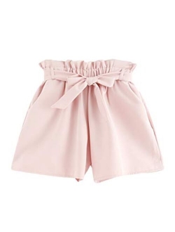 Women's Casual Elastic Waist Self Tie Waist Frill Trim Shorts