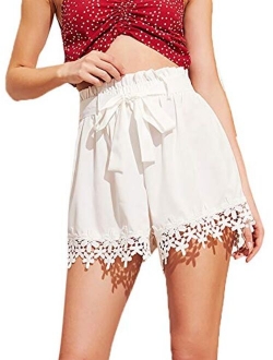 Women's Casual Elastic Waist Self Tie Waist Frill Trim Shorts