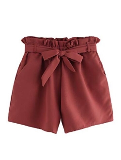 Women's Casual Elastic Waist Self Tie Waist Frill Trim Shorts