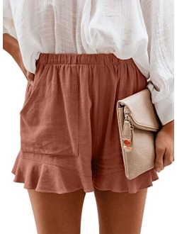 Paitluc Womens Elastic Waist Side Pockets Ruffle Cotton Linen Shorts Summer Casual Size S-XL