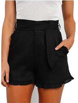 Paitluc Womens Elastic Waist Side Pockets Ruffle Cotton Linen Shorts Summer Casual Size S-XL