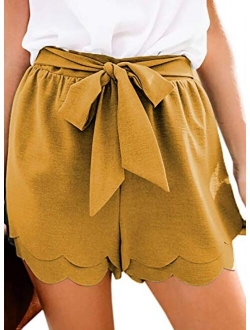 Paitluc Womens Elastic Waist Side Pockets Ruffle Cotton Linen Shorts Summer Casual Size S-XL