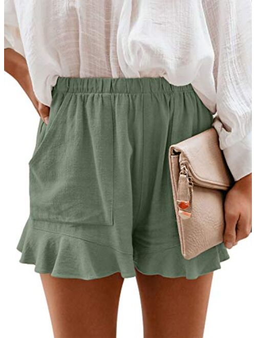 Paitluc Womens Elastic Waist Side Pockets Ruffle Cotton Linen Shorts Summer Casual Size S-XL