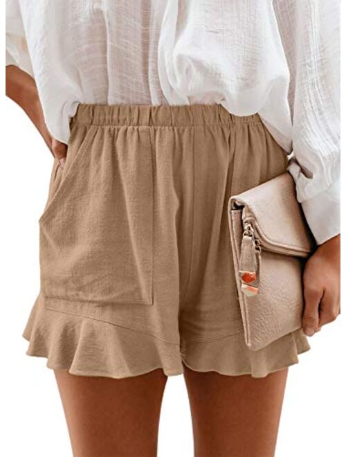 Paitluc Womens Elastic Waist Side Pockets Ruffle Cotton Linen Shorts Summer Casual Size S-XL