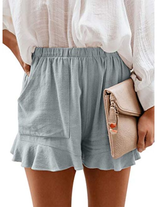 Paitluc Womens Elastic Waist Side Pockets Ruffle Cotton Linen Shorts Summer Casual Size S-XL