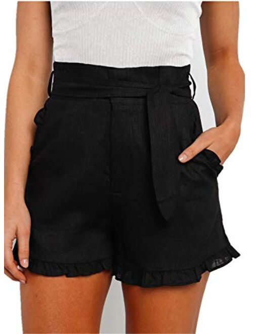 Paitluc Womens Elastic Waist Side Pockets Ruffle Cotton Linen Shorts Summer Casual Size S-XL