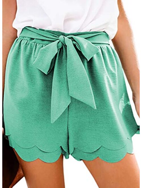 Paitluc Womens Elastic Waist Side Pockets Ruffle Cotton Linen Shorts Summer Casual Size S-XL