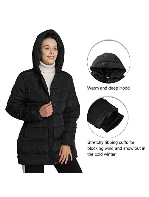 4How Womens Hooded Warm Winter Puffer Coat Mid Length Parka Water Resistant Jacket