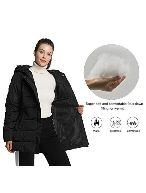 4How Womens Hooded Warm Winter Puffer Coat Mid Length Parka Water Resistant Jacket