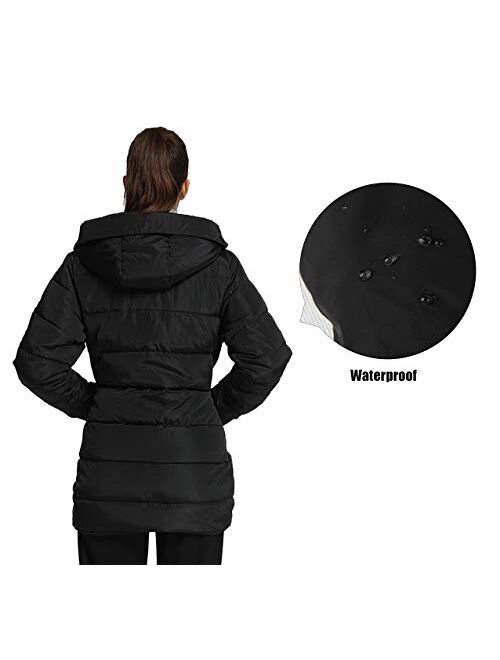 4How Womens Hooded Warm Winter Puffer Coat Mid Length Parka Water Resistant Jacket