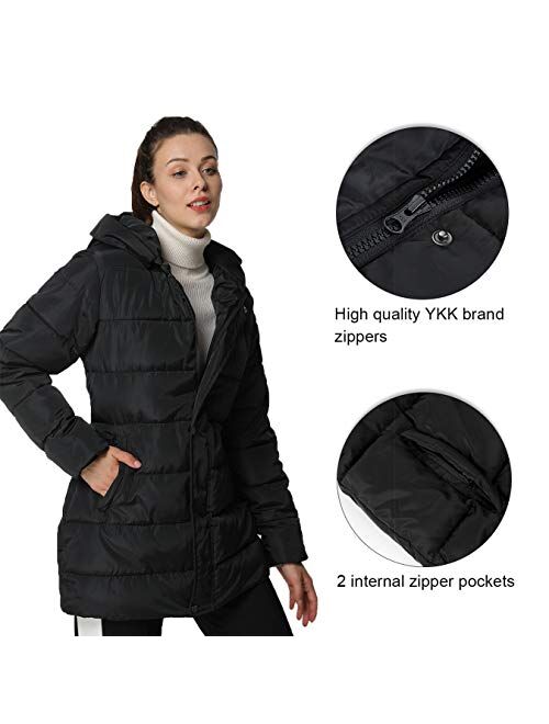 4How Womens Hooded Warm Winter Puffer Coat Mid Length Parka Water Resistant Jacket