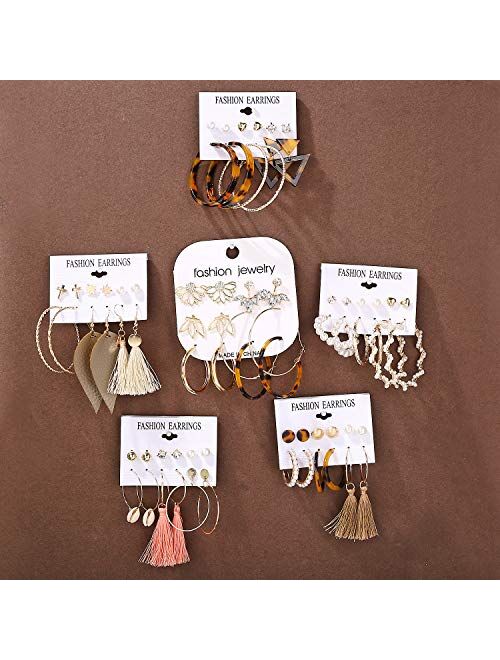 36 Pairs Fashion Tassel Earrings Set for Women Girls Bohemian Acrylic Hoop Stud Drop Dangle Earrings 