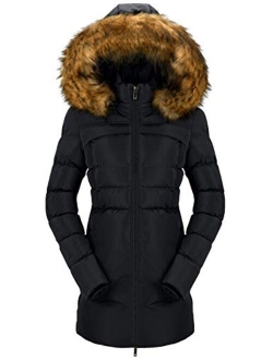 CHERFLY Women's Cotton Winter Coat Thicken Warm Long Jacket with Fur Trimmed Hood