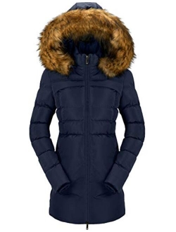 CHERFLY Women's Cotton Winter Coat Thicken Warm Long Jacket with Fur Trimmed Hood