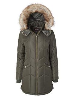 Women Long Down Alternative Winter Puffer Coat Zip-Off Plush Lined Fur Trim Hood