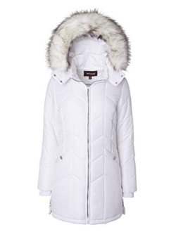 Women Long Down Alternative Winter Puffer Coat Zip-Off Plush Lined Fur Trim Hood