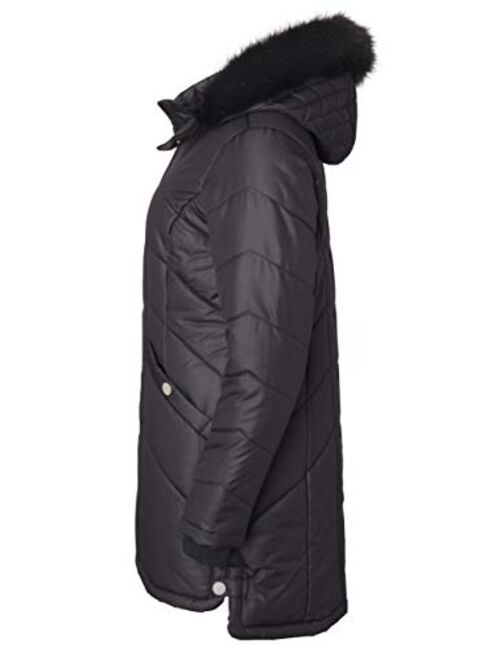 Women Long Down Alternative Winter Puffer Coat Zip-Off Plush Lined Fur Trim Hood