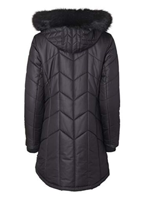 Women Long Down Alternative Winter Puffer Coat Zip-Off Plush Lined Fur Trim Hood