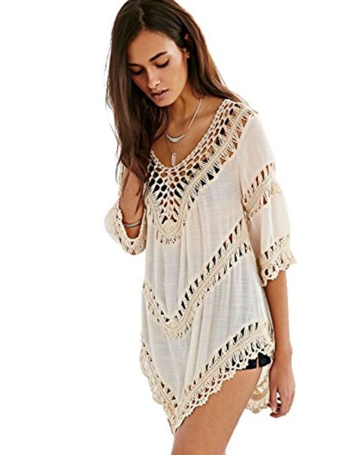 Vanbuy Womens Boho V Neck Crochet Tunic Tops Blouse Shirt Hollow Out Beach Swimsuit Cover up