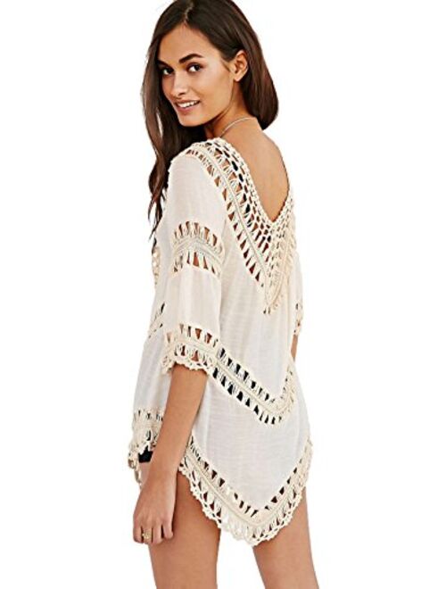 Vanbuy Womens Boho V Neck Crochet Tunic Tops Blouse Shirt Hollow Out Beach Swimsuit Cover up