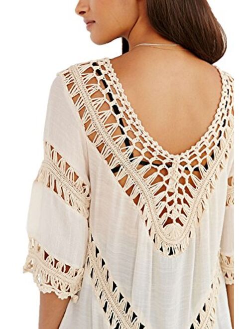 Vanbuy Womens Boho V Neck Crochet Tunic Tops Blouse Shirt Hollow Out Beach Swimsuit Cover up