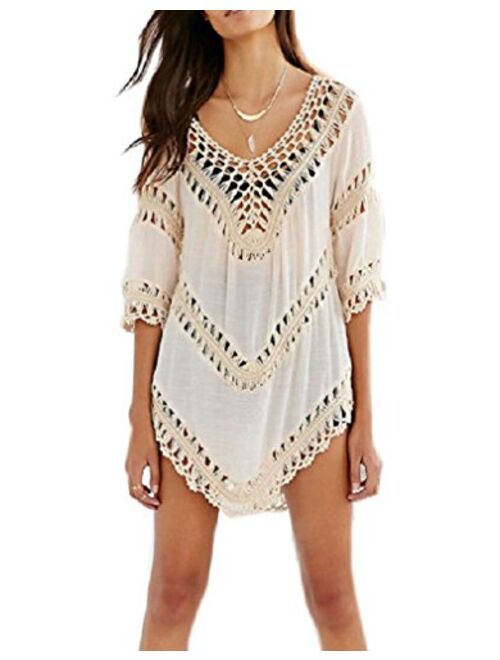 Vanbuy Womens Boho V Neck Crochet Tunic Tops Blouse Shirt Hollow Out Beach Swimsuit Cover up