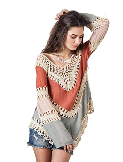 Vanbuy Womens Boho V Neck Crochet Tunic Tops Blouse Shirt Hollow Out Beach Swimsuit Cover up