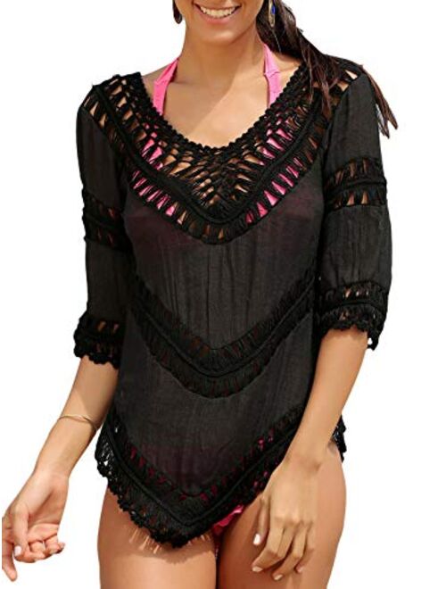 Vanbuy Womens Boho V Neck Crochet Tunic Tops Blouse Shirt Hollow Out Beach Swimsuit Cover up