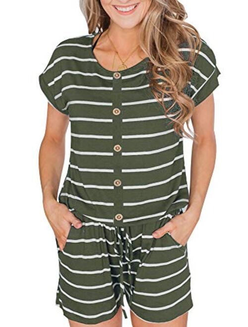 BOCOTUBE Women's Summer Casual Short Sleeve Striped Front Button Loose Jumpsuit Rompers with Pockets