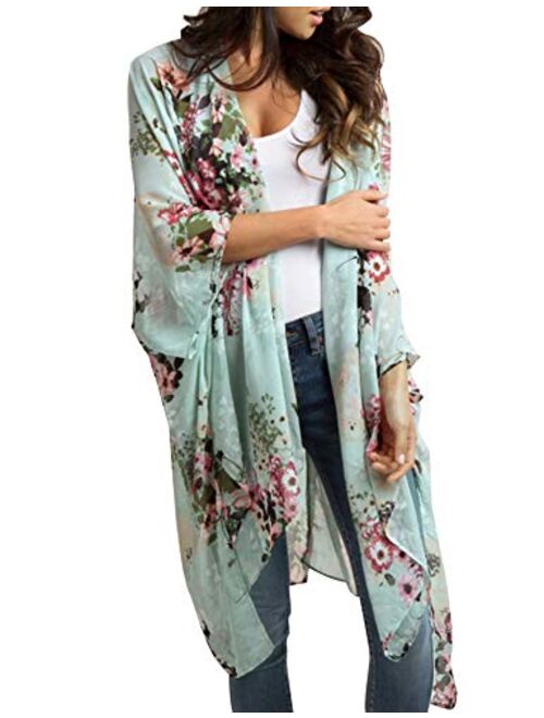 Relipop Women's Chiffon Blouse Loose Tops Beach Kimono Floral Print Cardigan