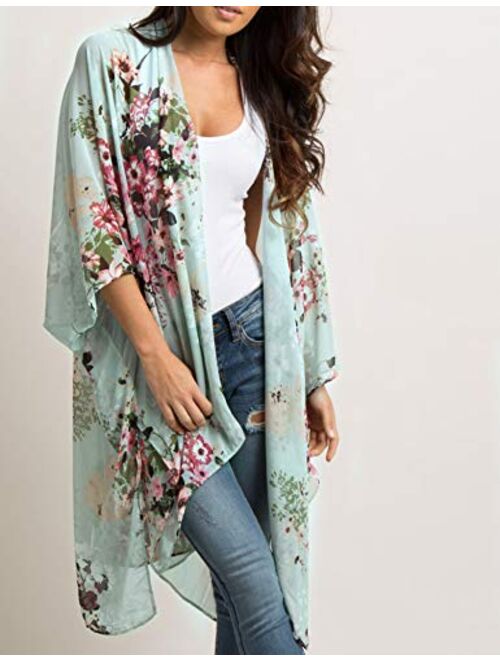 Relipop Women's Chiffon Blouse Loose Tops Beach Kimono Floral Print Cardigan