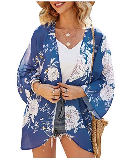 Relipop Women's Chiffon Blouse Loose Tops Beach Kimono Floral Print Cardigan