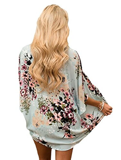 Hibluco Women's Fashion Floral Print Kimono Cardigan Long Tops Loose Cover Ups