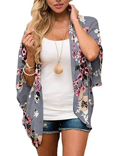 Hibluco Women's Fashion Floral Print Kimono Cardigan Long Tops Loose Cover Ups