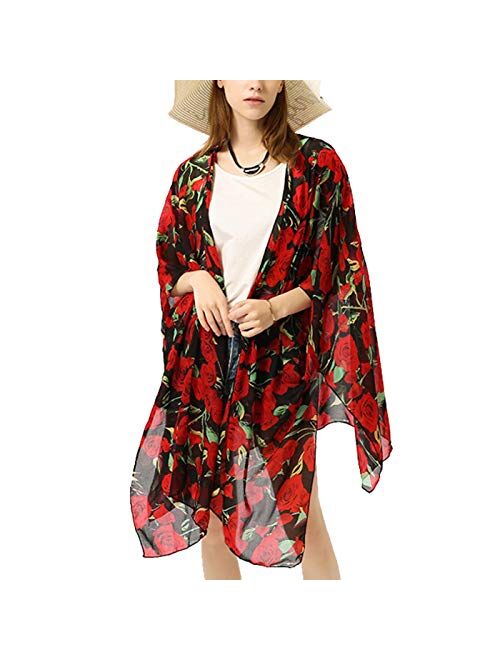 Women's Floral Print Chiffon Summer Swimwear Kimono Cardigan, Casual Loose Open Front Cover up Blouse Tops