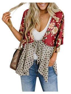 Women Floral Kimono Cardigans 3/4 Ruffle Sleeve Lightweight Patchwork Flowy Boho Tie Loose Cover Ups